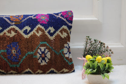 Handwoven Kilim Lumbar Pillow Cover: Turkish Boho Decor (12x24)
