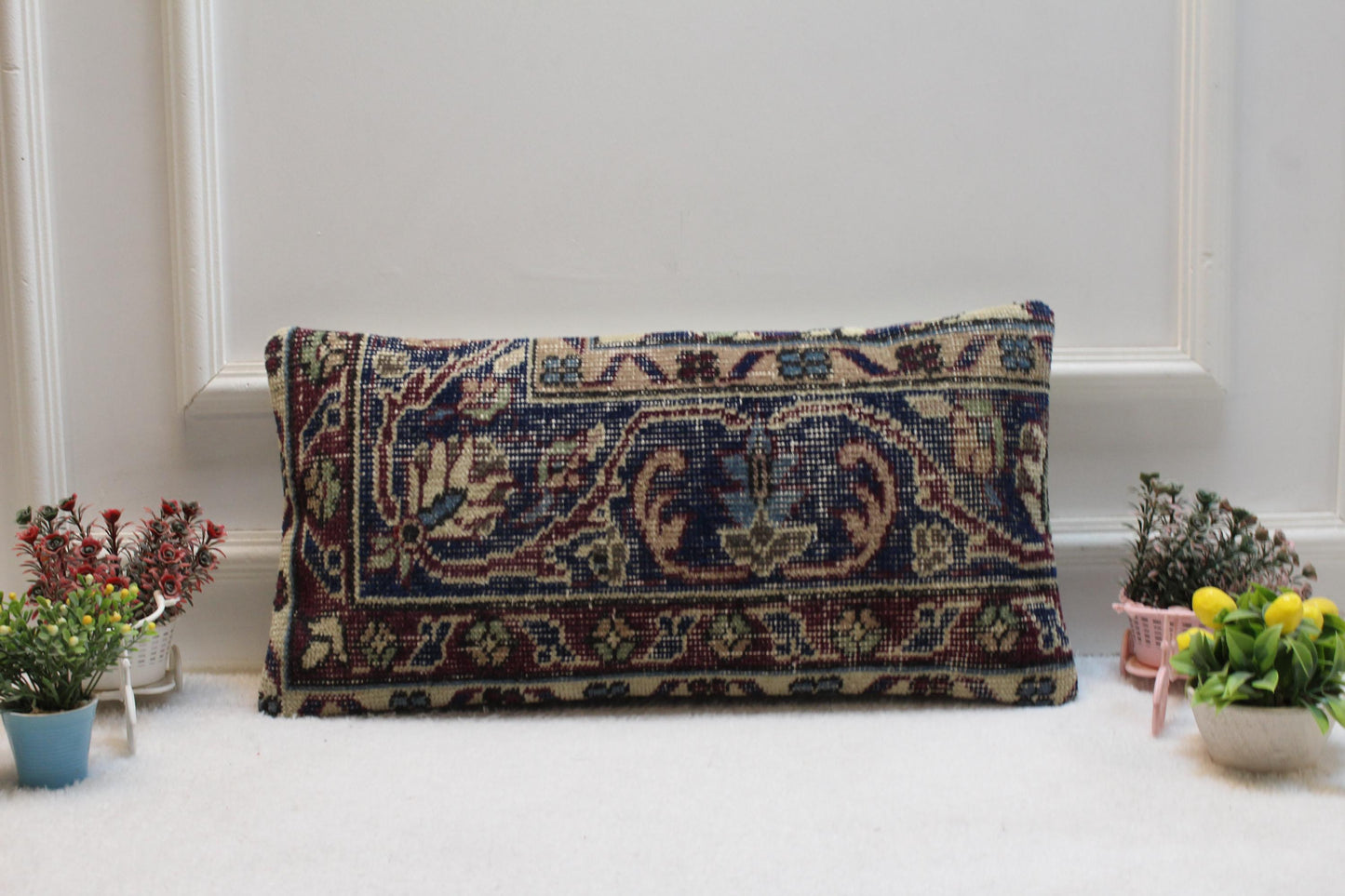 Floral Kilim Lumbar Pillow Cover: Vintage Turkish Rug, 12x24 inch