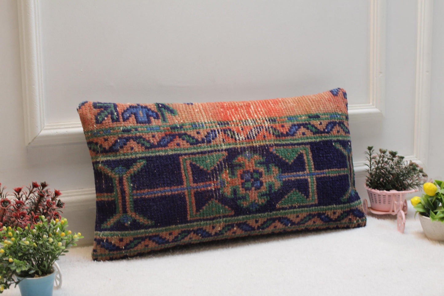 Handmade Kilim Lumbar Pillow Cover: Orange Vintage Rug Pillow (12x24 in)
