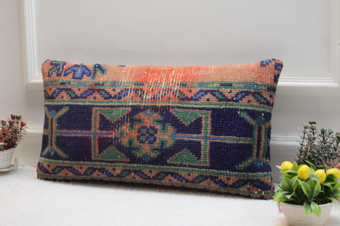Handmade Kilim Lumbar Pillow Cover: Orange Vintage Rug Pillow (12x24 in)