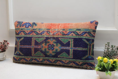 Handmade Kilim Lumbar Pillow Cover: Orange Vintage Rug Pillow (12x24 in)