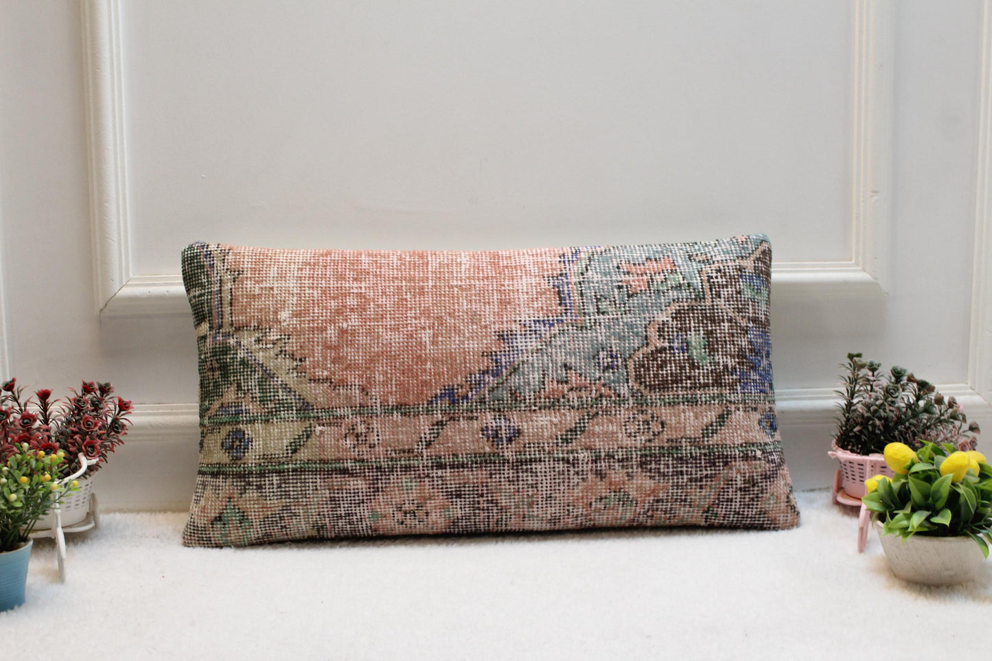 Handmade Wool Kilim Pillow Cover: Upcycled Anatolian Rug, 12x24 inch