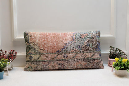 Handmade Wool Kilim Pillow Cover: Upcycled Anatolian Rug, 12x24 inch