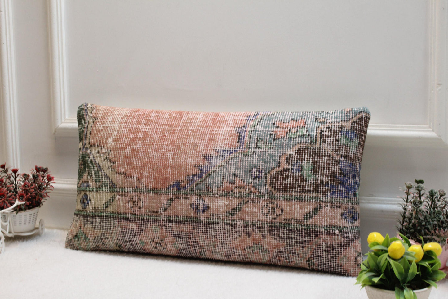 Handmade Wool Kilim Pillow Cover: Upcycled Anatolian Rug, 12x24 inch