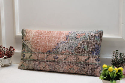 Handmade Wool Kilim Pillow Cover: Upcycled Anatolian Rug, 12x24 inch