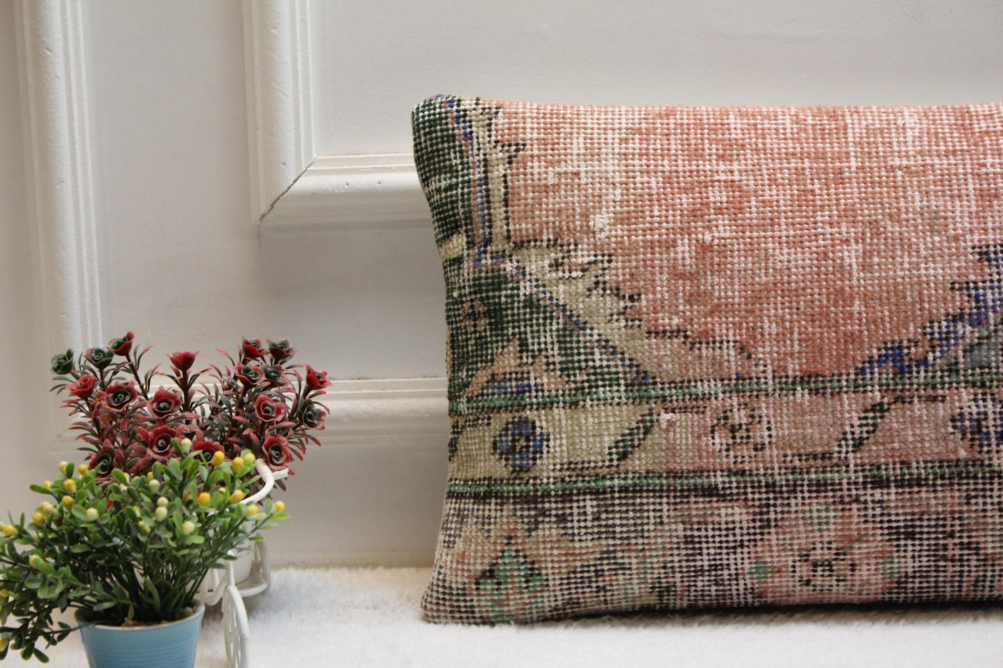 Handmade Wool Kilim Pillow Cover: Upcycled Anatolian Rug, 12x24 inch