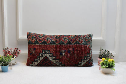 Red Kilim Lumbar Pillow Cover: Striped Woven Rug Design, 12x24 inc