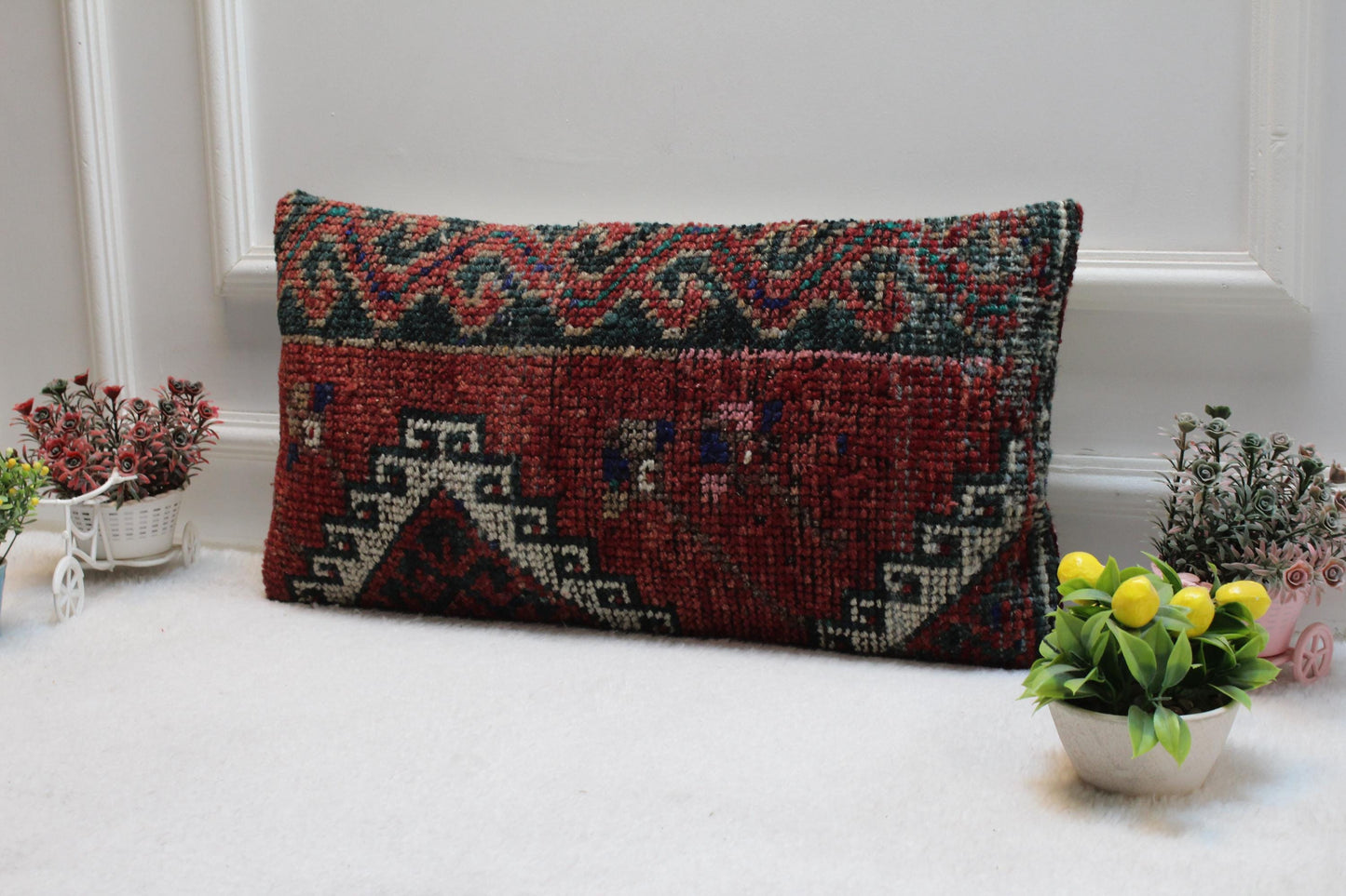 Red Kilim Lumbar Pillow Cover: Striped Woven Rug Design, 12x24 inc
