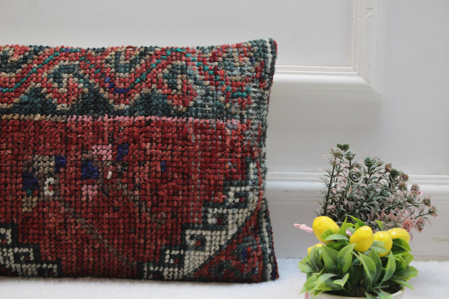 Red Kilim Lumbar Pillow Cover: Striped Woven Rug Design, 12x24 inc