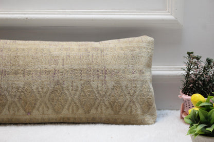 Handmade Turkish Kilim Lumbar Pillow – Creamy Beige Diamond Motif