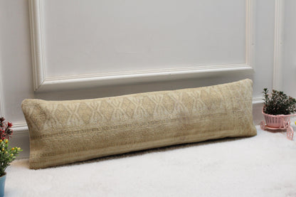 Handmade Beige Kilim Lumbar Pillow Cover – Turkish Tribal Print 8x36”