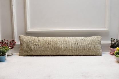 Vintage Turkish Kilim Lumbar Pillow Cover – 8x36 Beige Rug Cushion