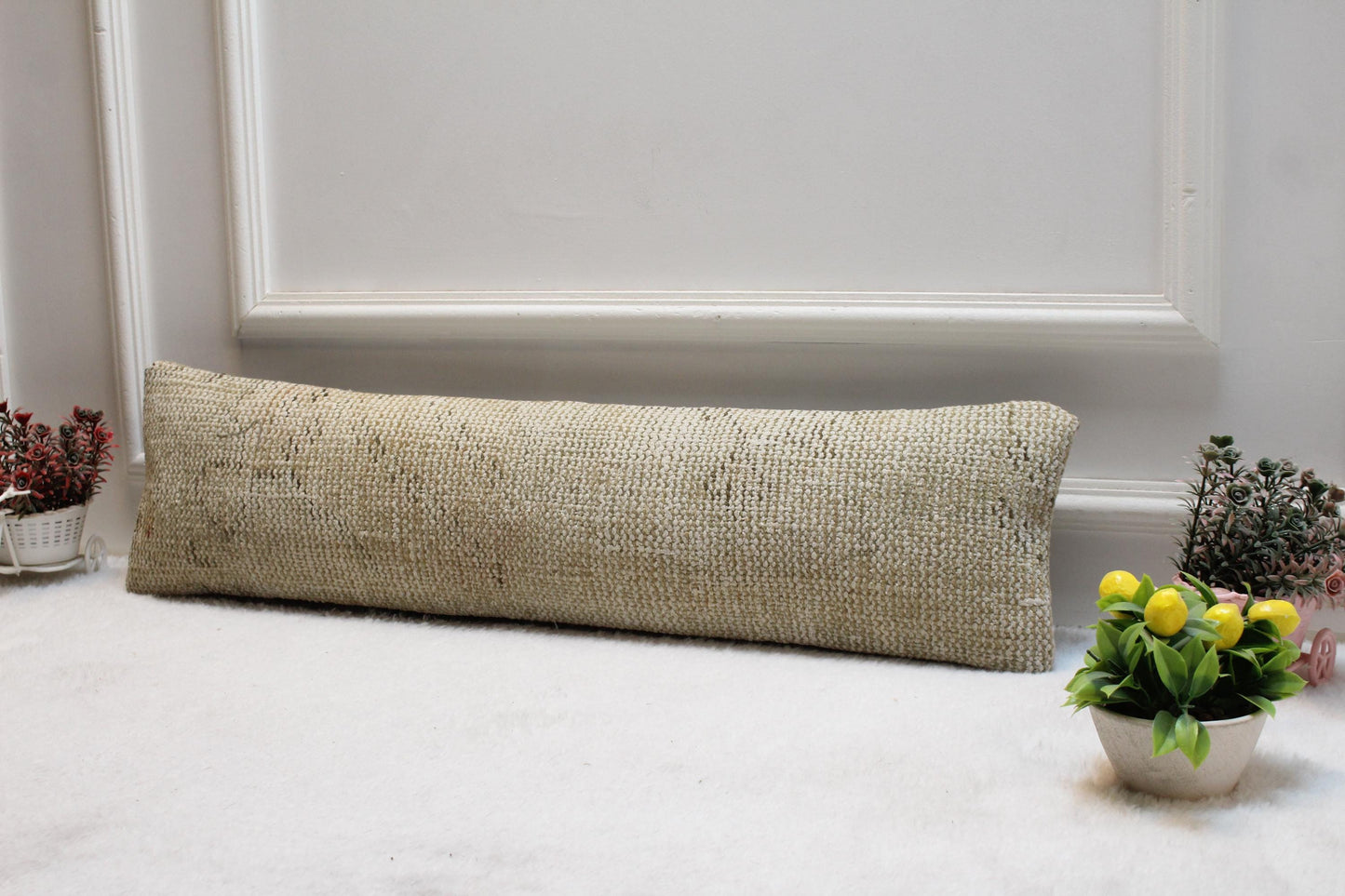 Vintage Turkish Kilim Lumbar Pillow Cover – 8x36 Beige Rug Cushion