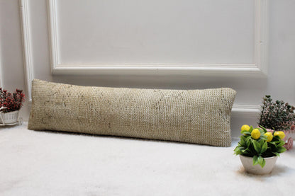 Vintage Turkish Kilim Lumbar Pillow Cover – 8x36 Beige Rug Cushion