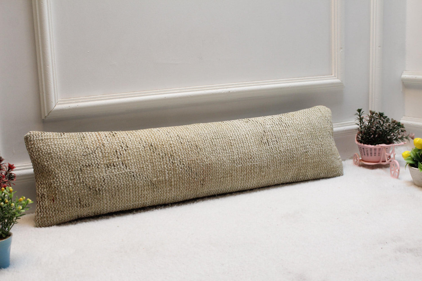 Vintage Turkish Kilim Lumbar Pillow Cover – 8x36 Beige Rug Cushion