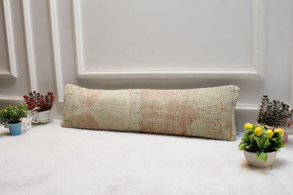 Handwoven Turkish Kilim Lumbar Pillow – Pale Pink & Cream, 8x36”