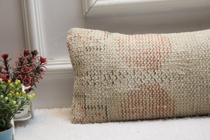 Handwoven Turkish Kilim Lumbar Pillow – Pale Pink & Cream, 8x36”