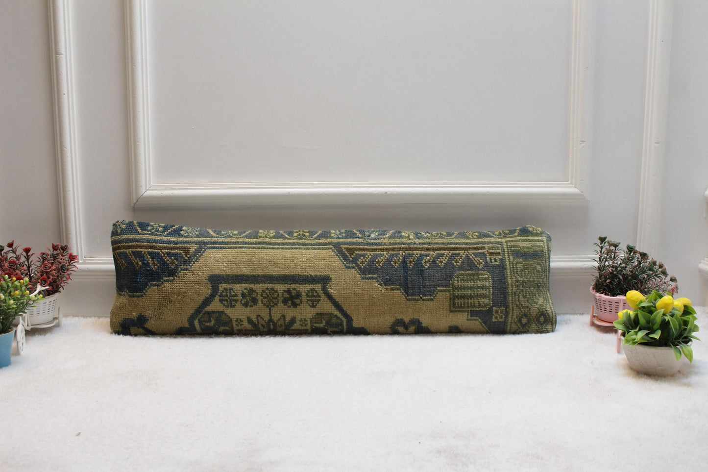 Artisan Turkish Kilim Pillow –  Vintage Lumbar Cushion, Olive & Blue Geometric Weave