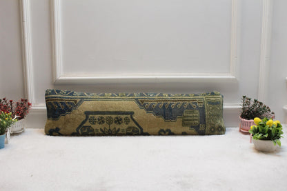 Artisan Turkish Kilim Pillow –  Vintage Lumbar Cushion, Olive & Blue Geometric Weave
