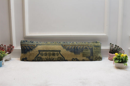 Artisan Turkish Kilim Pillow –  Vintage Lumbar Cushion, Olive & Blue Geometric Weave