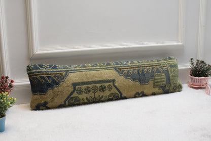 Artisan Turkish Kilim Pillow –  Vintage Lumbar Cushion, Olive & Blue Geometric Weave