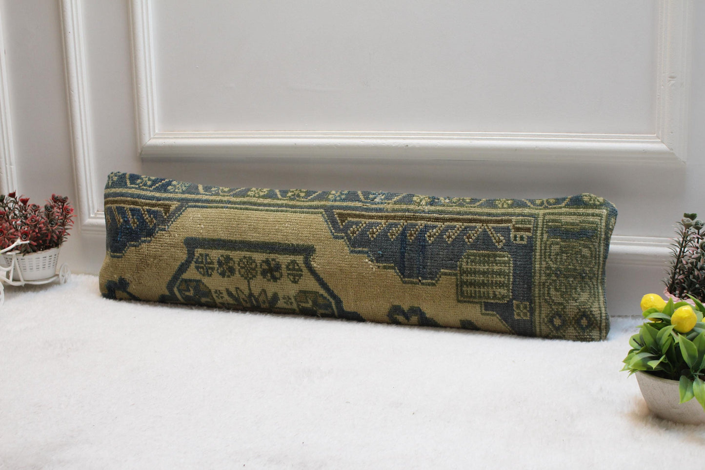 Artisan Turkish Kilim Pillow –  Vintage Lumbar Cushion, Olive & Blue Geometric Weave