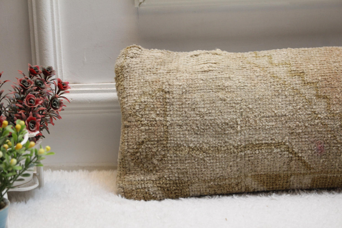 Vintage Turkish Kilim Lumbar Pillow – Earthy Boho Cushion, 8x36