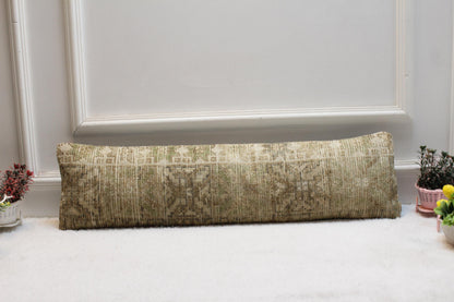 Minimalist Kilim Lumbar Pillow 8x36” – Neutral Toned Turkish Cushion with Subtle Geometric Woven Design
