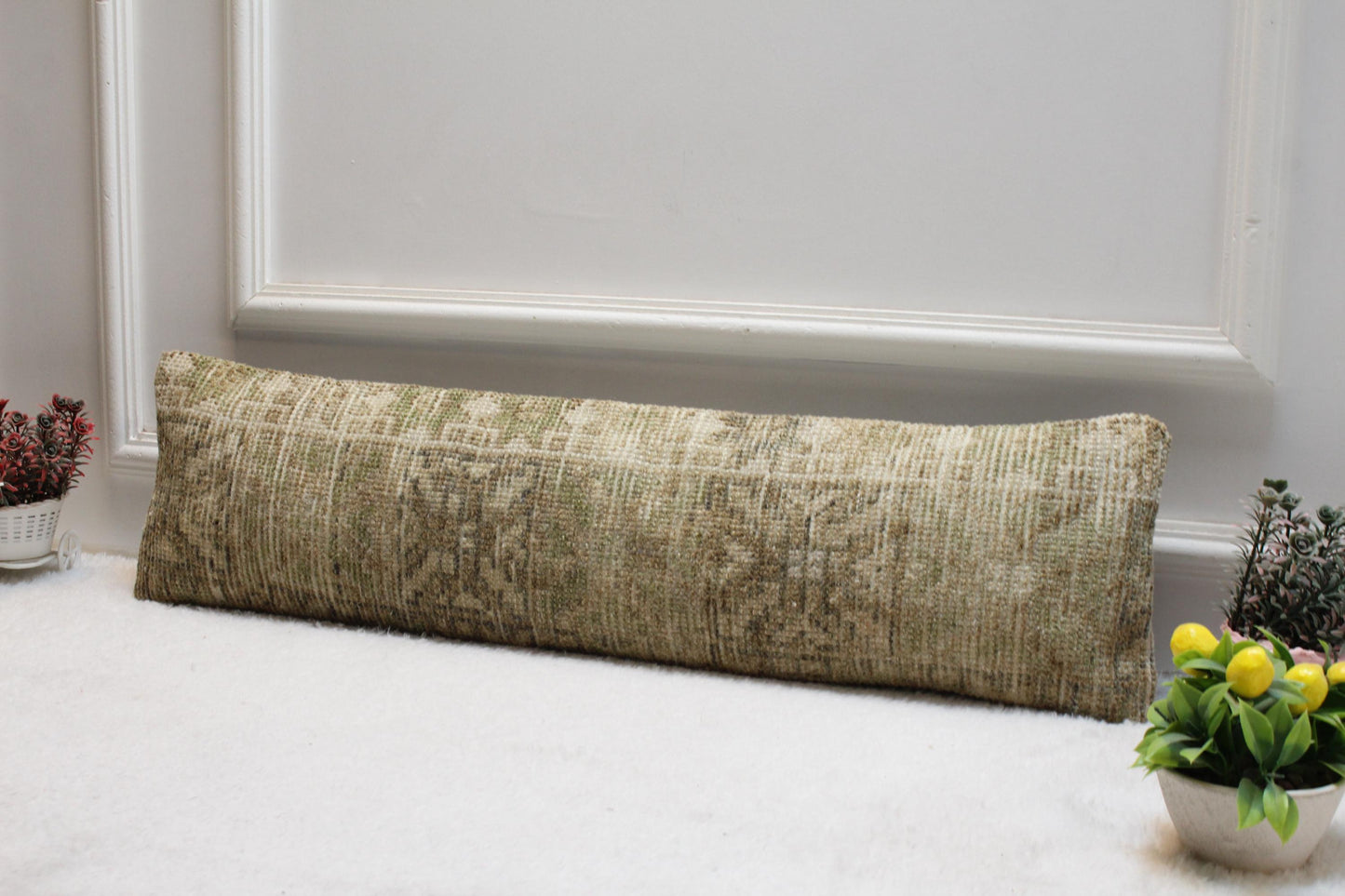 Minimalist Kilim Lumbar Pillow 8x36” – Neutral Toned Turkish Cushion with Subtle Geometric Woven Design
