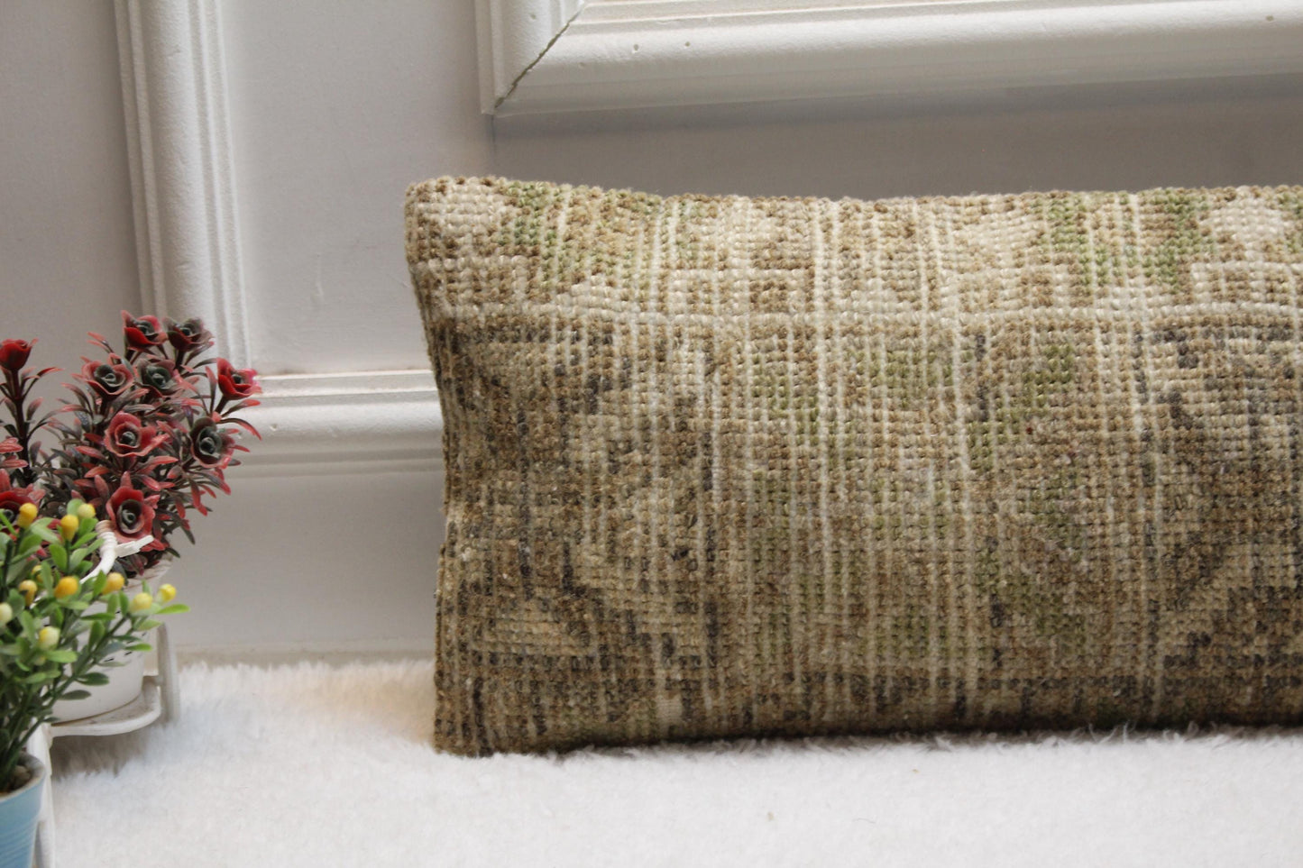 Minimalist Kilim Lumbar Pillow 8x36” – Neutral Toned Turkish Cushion with Subtle Geometric Woven Design