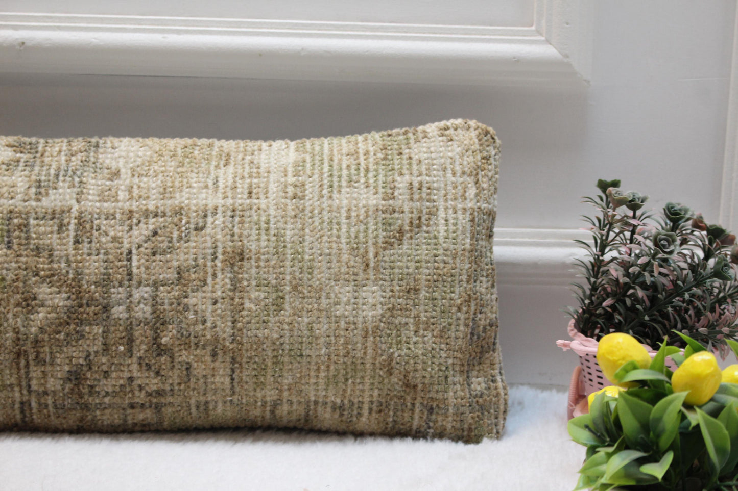 Minimalist Kilim Lumbar Pillow 8x36” – Neutral Toned Turkish Cushion with Subtle Geometric Woven Design