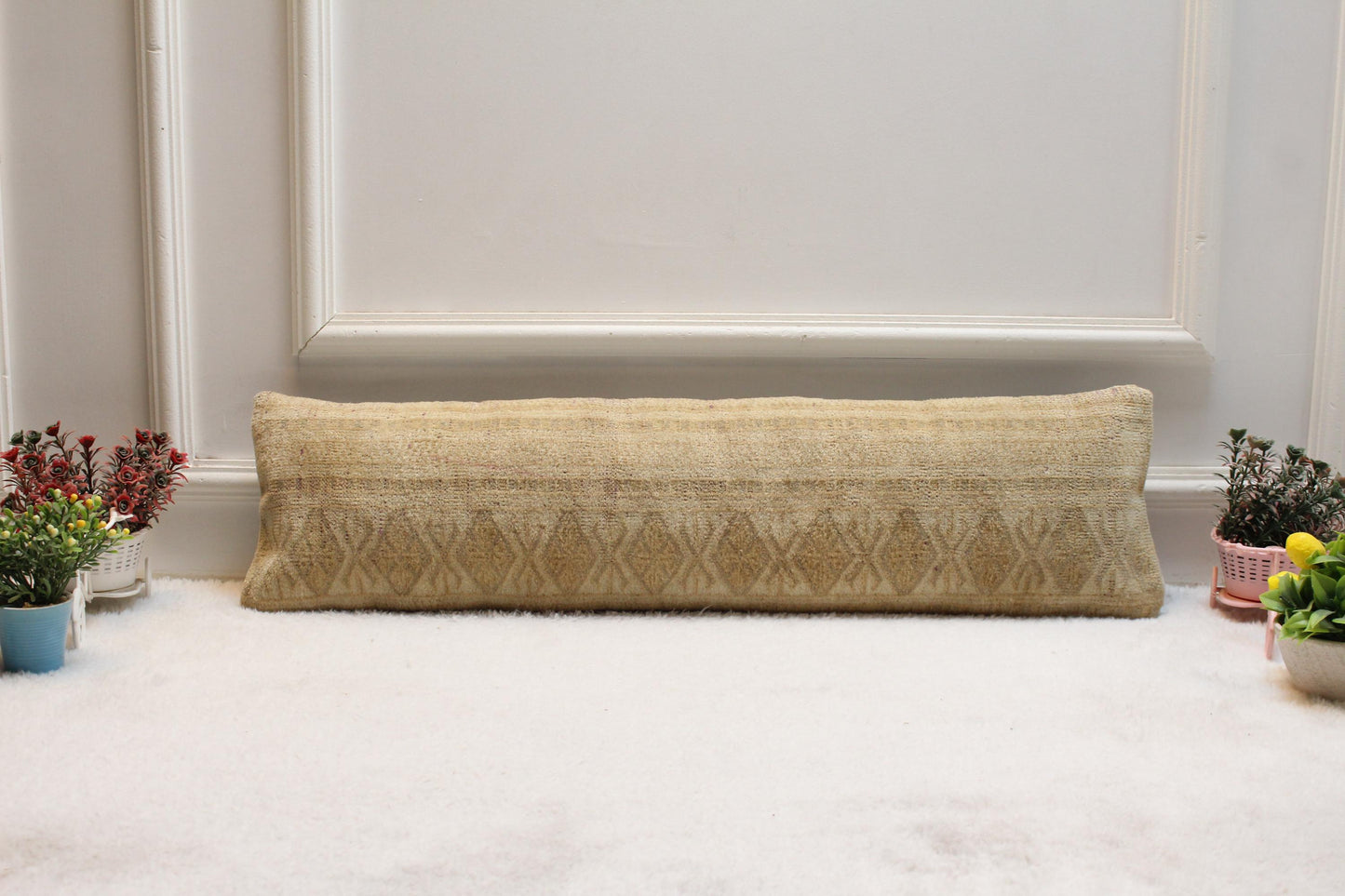 Boho Kilim Lumbar Pillow Cover – 8x32 Beige Geometric Rug Pillow