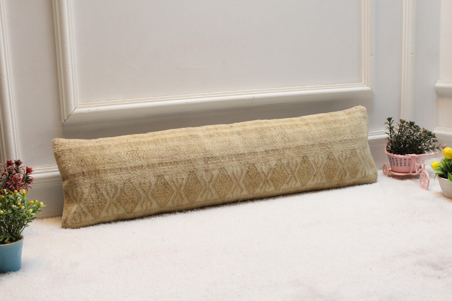 Boho Kilim Lumbar Pillow Cover – 8x32 Beige Geometric Rug Pillow