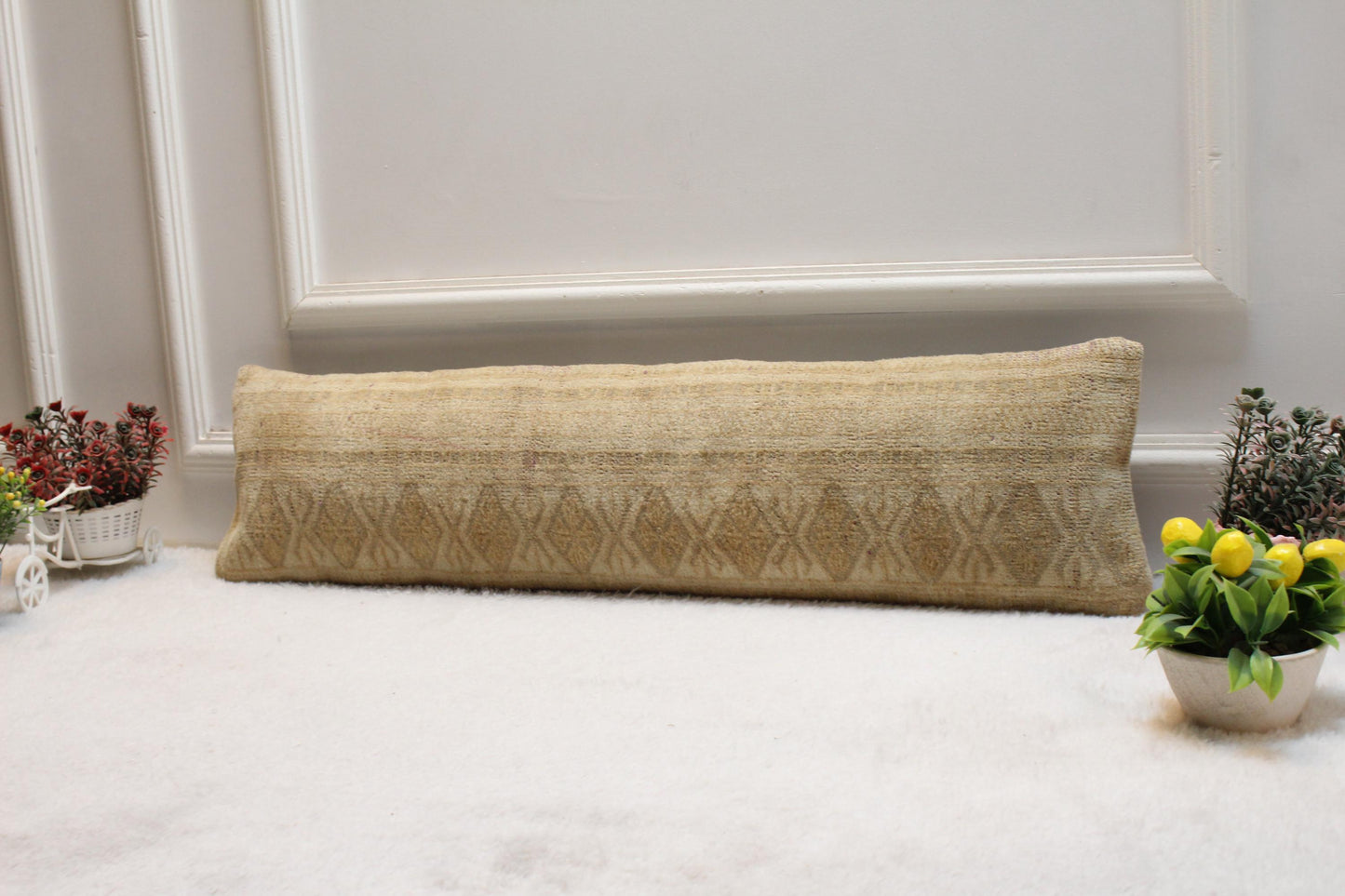 Boho Kilim Lumbar Pillow Cover – 8x32 Beige Geometric Rug Pillow