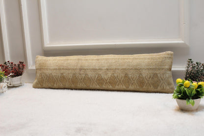 Boho Kilim Lumbar Pillow Cover – 8x32 Beige Geometric Rug Pillow