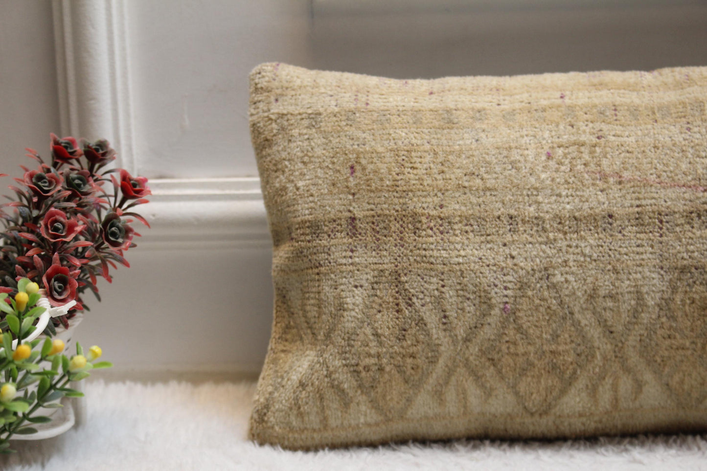 Boho Kilim Lumbar Pillow Cover – 8x32 Beige Geometric Rug Pillow