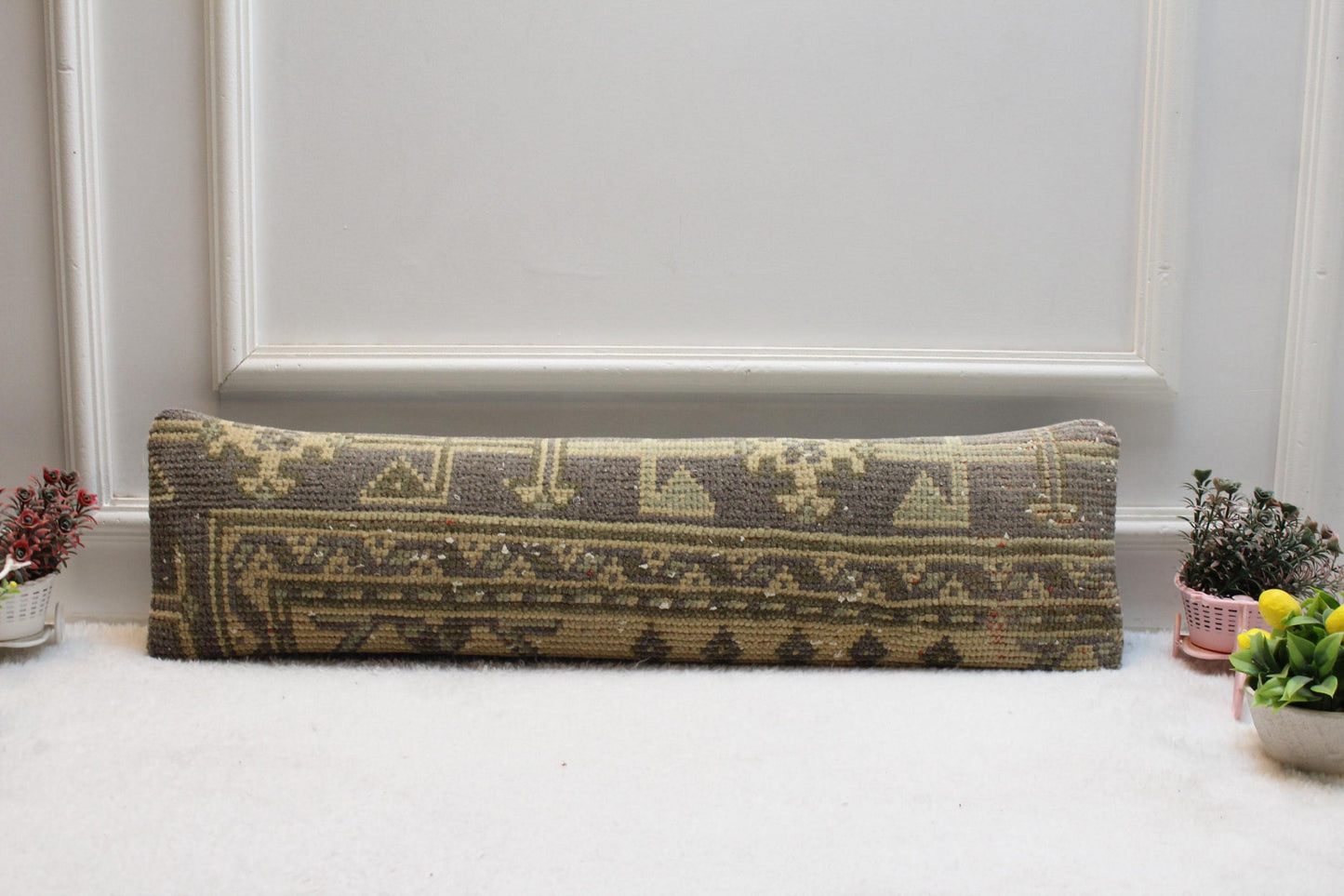 Handmade Wool Lumbar Pillow Cover: Geometric Anatolian Design, 8x36 inch