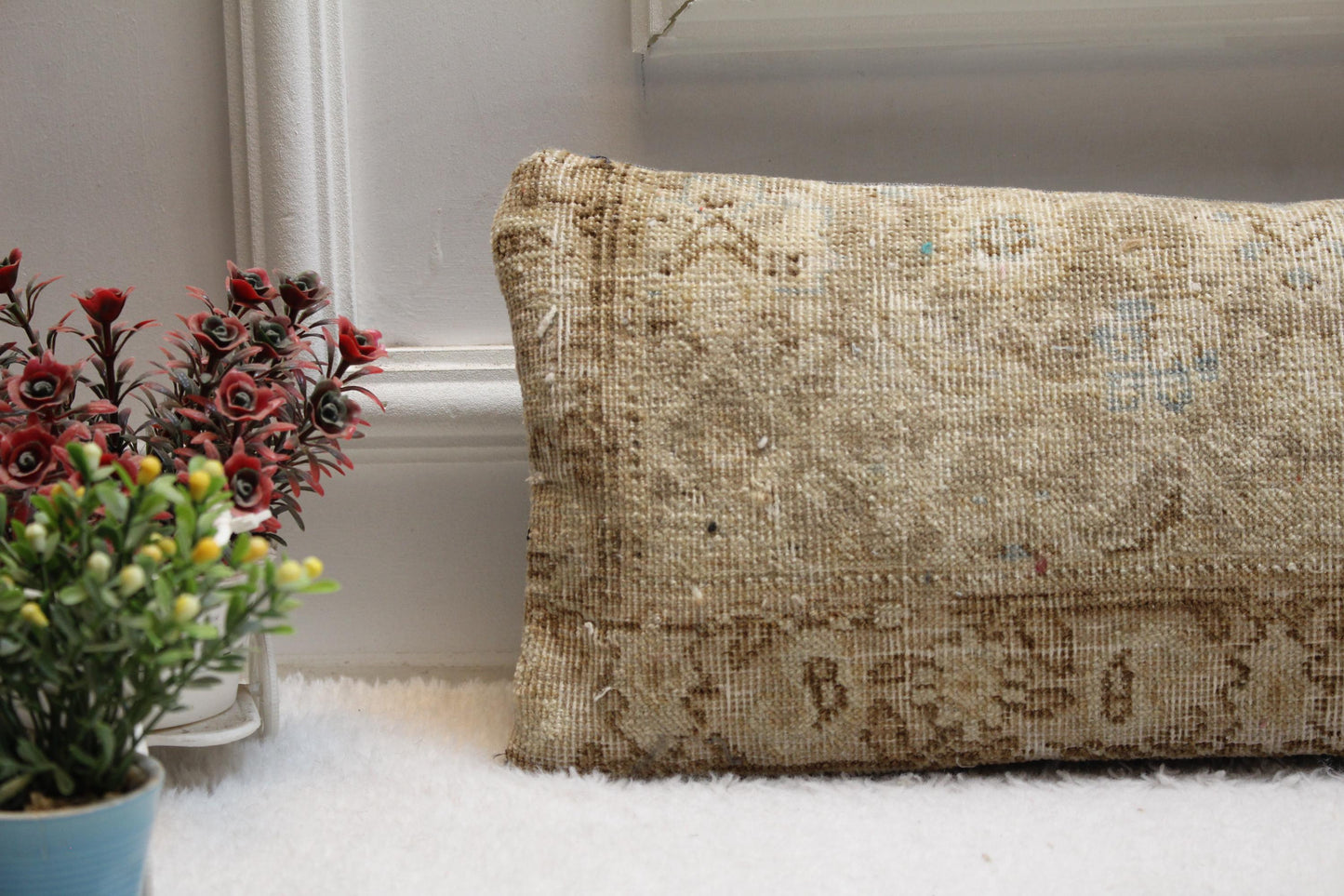 Floral Lumbar Pillow Cover: Handmade Turkish Rug, 8x36 inch