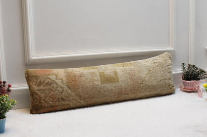 Handmade Lumbar Kilim Pillow Cover: Beige Vintage Turkish Rug, 8x36 inc
