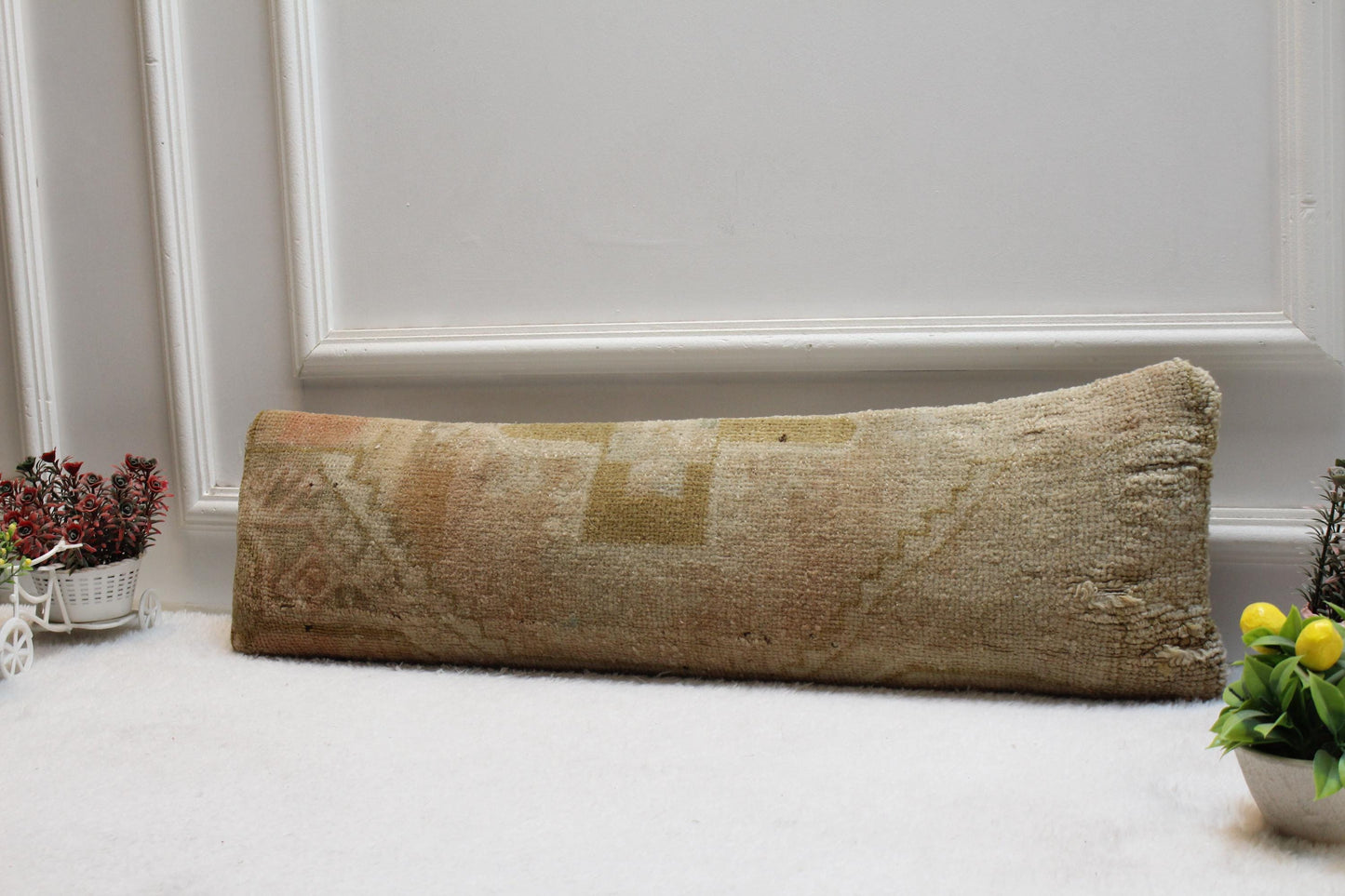 Handmade Lumbar Kilim Pillow Cover: Beige Vintage Turkish Rug, 8x36 inc
