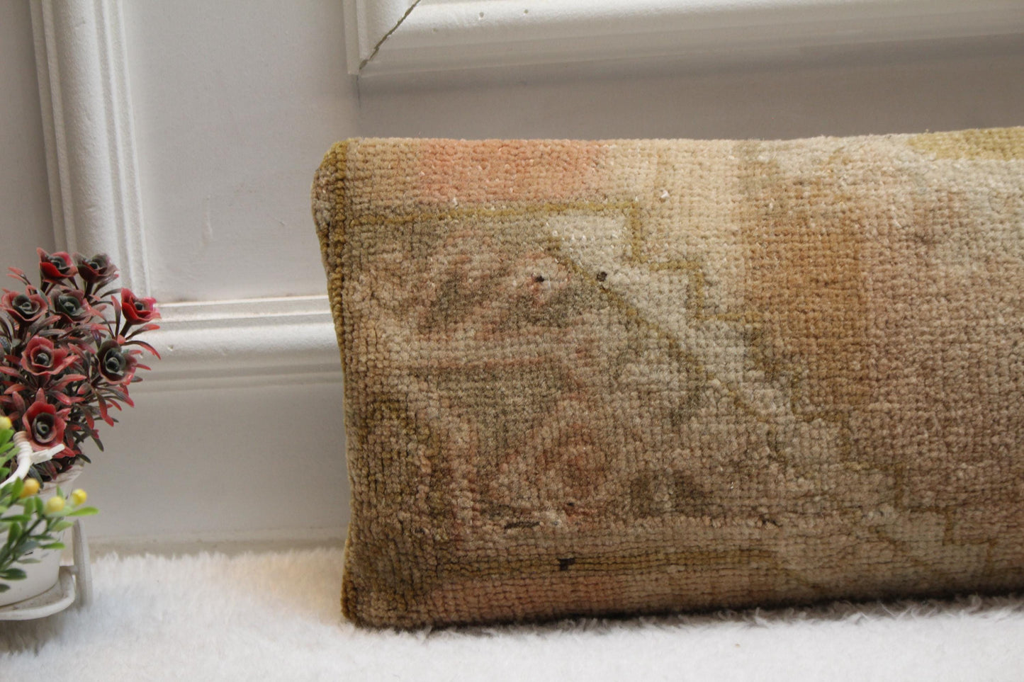 Handmade Lumbar Kilim Pillow Cover: Beige Vintage Turkish Rug, 8x36 inc