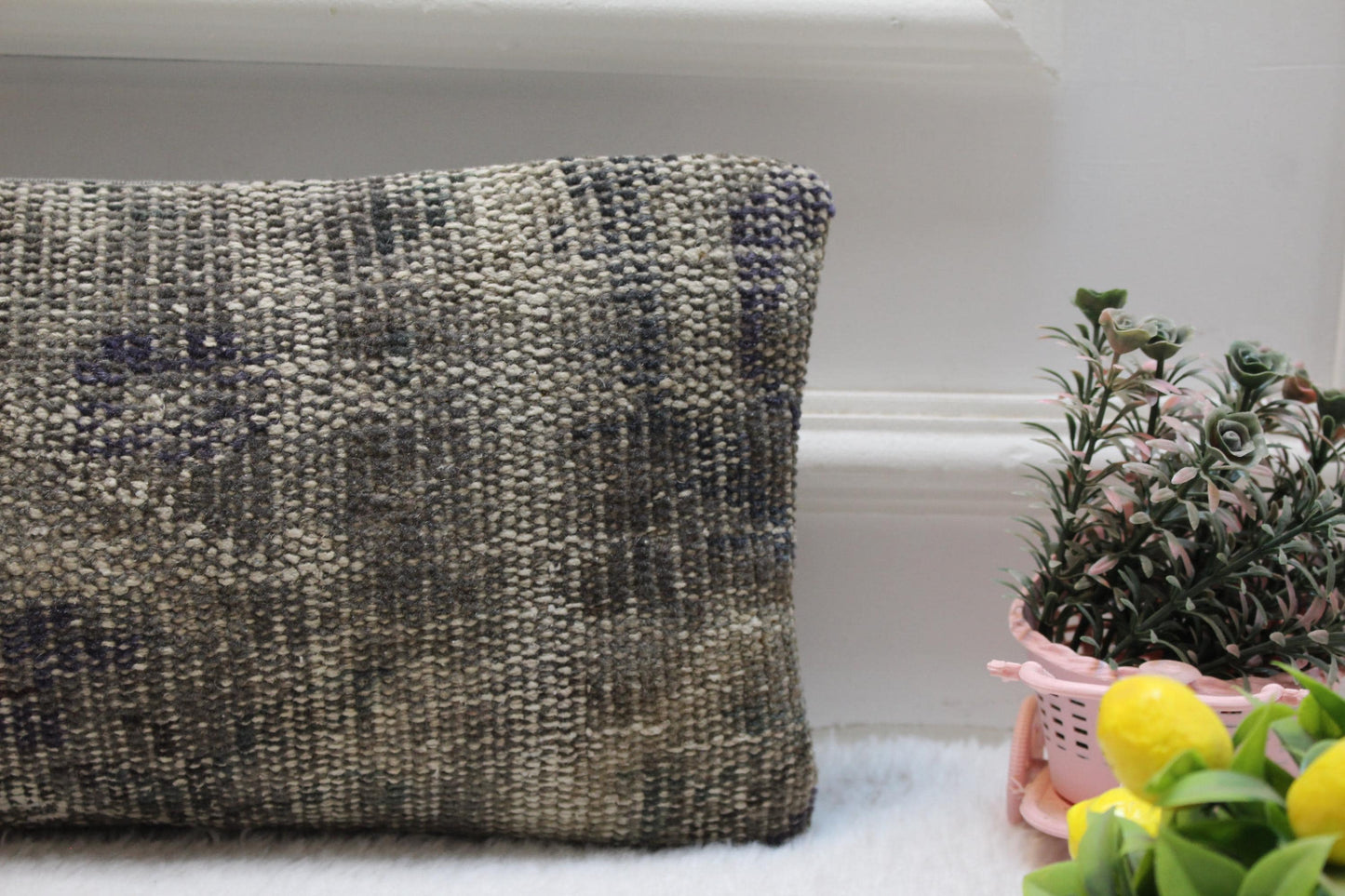 Handmade Gray Kilim Lumbar Pillow Cover: Boho Bed Pillow
