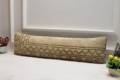 Handmade Turkish Rug Lumbar Pillow Cover: Organic Wool, Vintage Design (8x36 in)