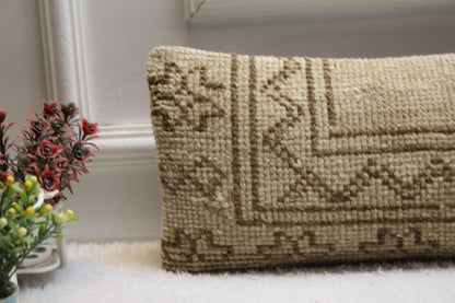 Handmade Turkish Rug Lumbar Pillow Cover: Organic Wool, Vintage Design (8x36 in)