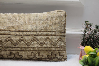 Handmade Turkish Rug Lumbar Pillow Cover: Organic Wool, Vintage Design (8x36 in)