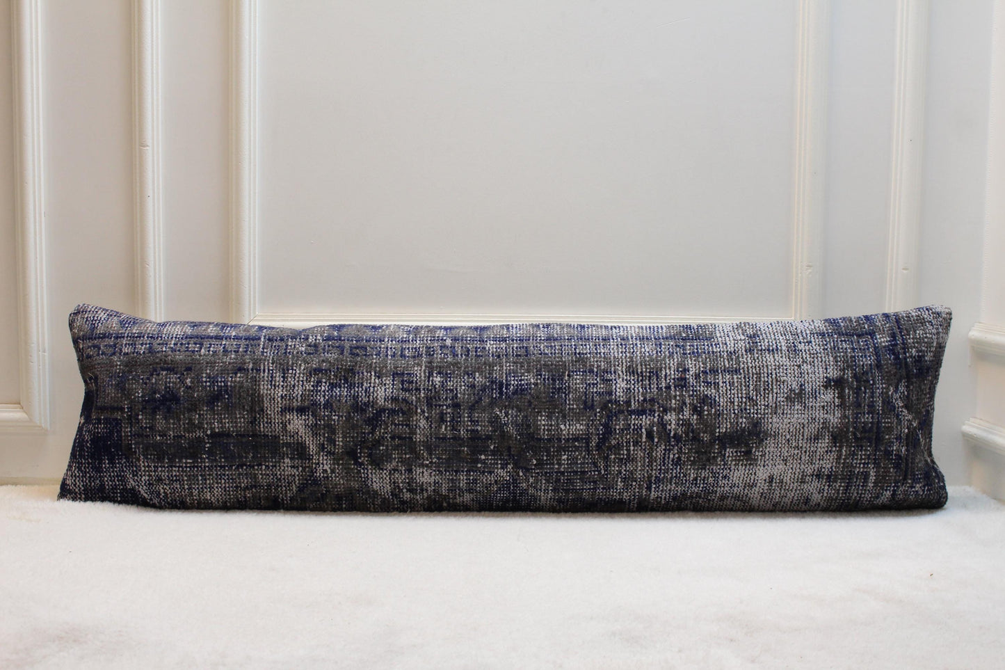 Handmade Kilim Lumbar Pillow Cover: Gray & Blue Woven Rug, 12x48 inch