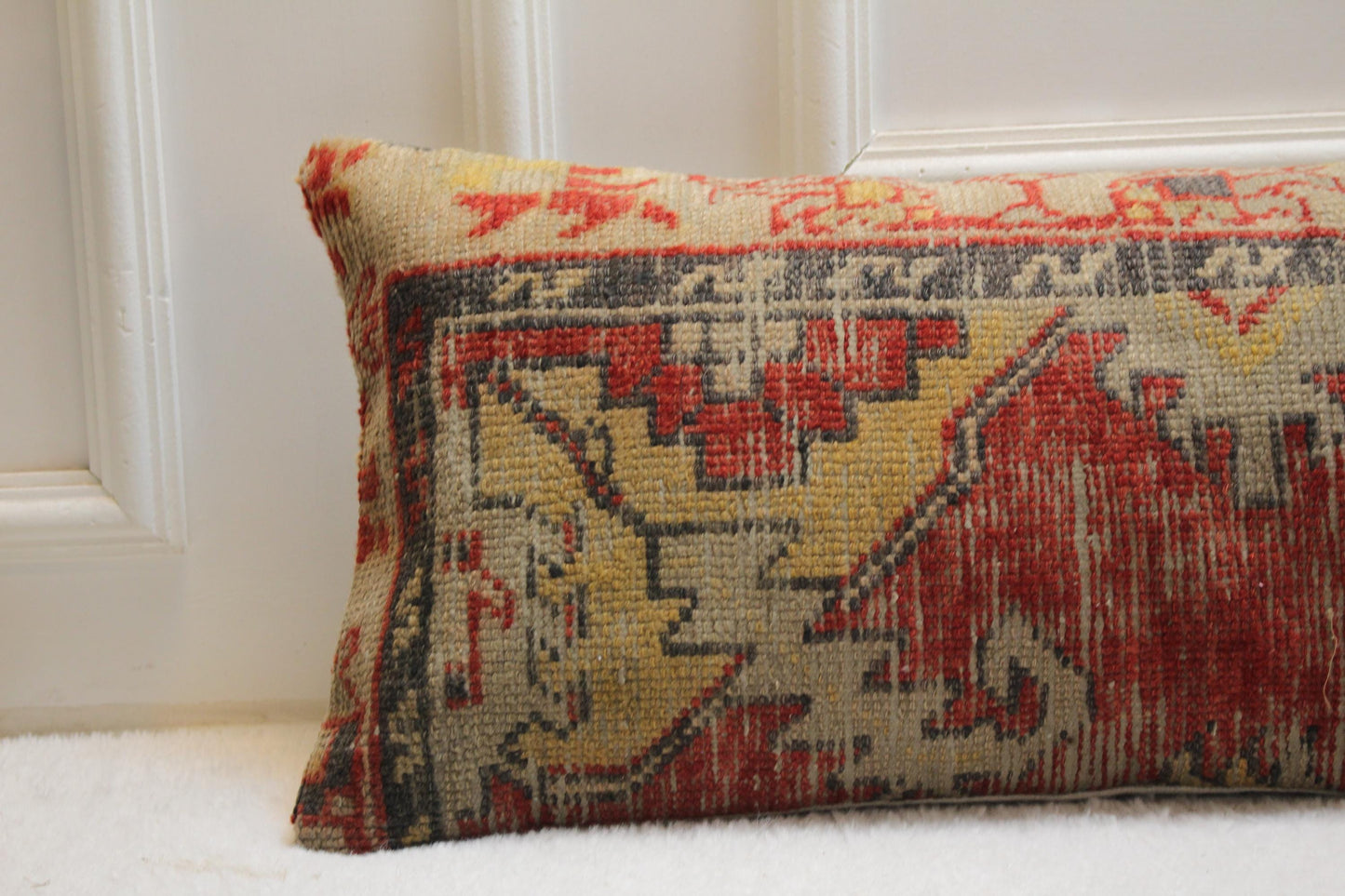 Red Lumbar Pillow Cover: Handmade Turkish Kilim Rug, 12x48 inch