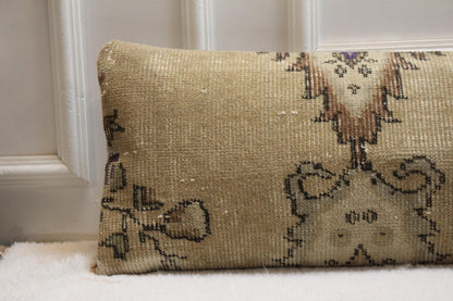 Vintage Turkish Rug Lumbar Pillow Cover: Beige Rainbow Woven Pillow, 12x48