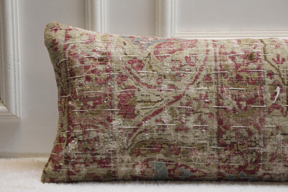 Handmade Kilim Lumbar Pillow Cover: Upcycled Woven Rug, 12x48 inch