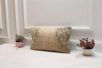 Handmade Beige Turkish Rug Pillow Cover: Boho Lumbar Pillow (12x20 in)